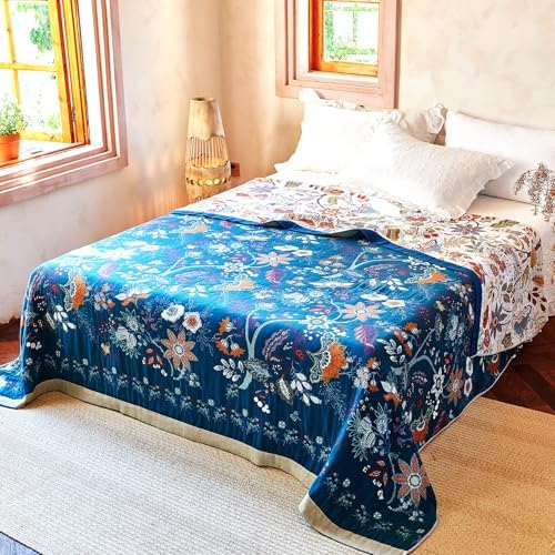 VANJOROY Boho Throw Blanket, 100% Organic Cotton Breathable Skin-Friendly Ultra Soft Bed Quilt Throw - All Season Floral Farmhouse Décor Luxury Blanket for Sofa Couch Chair and Gift. 91" x 98" - Image 4