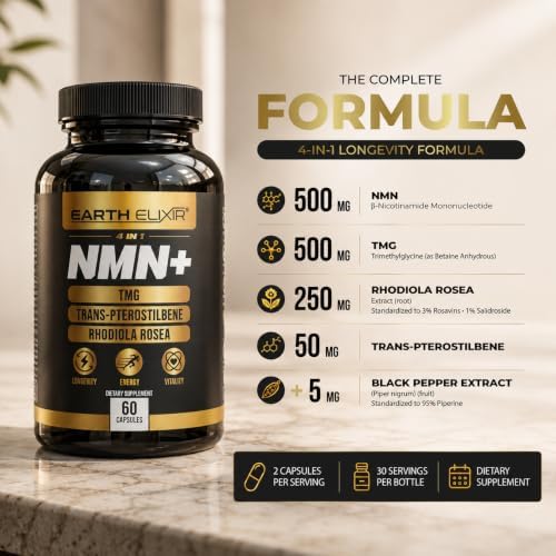 Earth Elixir NMN Supplement 500mg with TMG 500mg, Rhodiola Rosea & Trans-Pterostilbene - 4 in 1 NAD+ Supplement for Men & Women - Cellular Energy, Methylation & Healthy Aging - 60 Vegan Capsules - Image 2