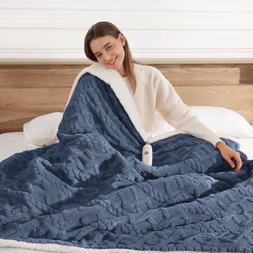 Heated Throw Blanket 50"x60"-Sherpa Small Electric Blanket Throw, Navy Blue by SafeWarmthTrustedComfort