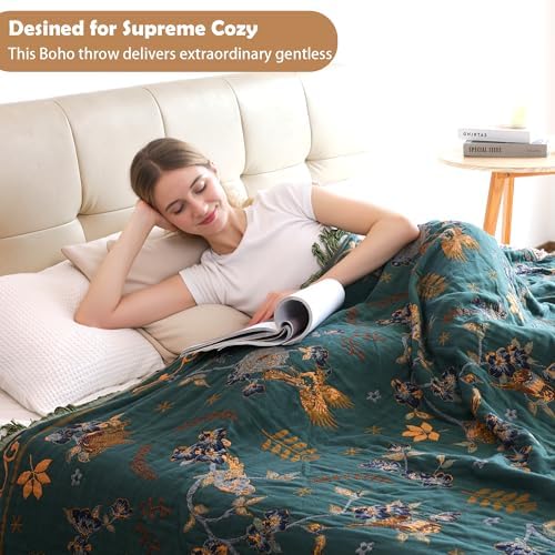 VANJOROY Boho 100% Cotton Large Throw Blanket King - All Season Rustic Ultra Soft Breathable Floral Bird Blanket for Bed Sofa Couch Chair Bedspread Quilt Gift, 91" x 108"-Teal/Beige - Image 4