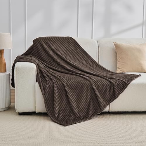 Bnuitland Brown Fleece Throw Blanket for Couch, 300GSM Soft Warm Cozy Fluffy Throw for Adults & Kids, Stripe Pattern 60"x80", All Season Sofa Bed Blanket for Home Decor - Image 3