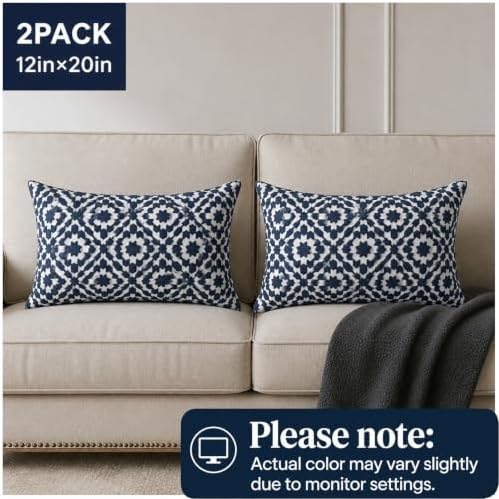 2PCS Pack Aitliving Decorative Throw Pillow Covers Muted Slate Blue Trellis Embroidery Dark Blue Mina Lumbar Pillowcases Cushion Covers Navy Blue Lumbar Pillow Sham 30x50cm for Outdoor Accent Pillows - Image 2