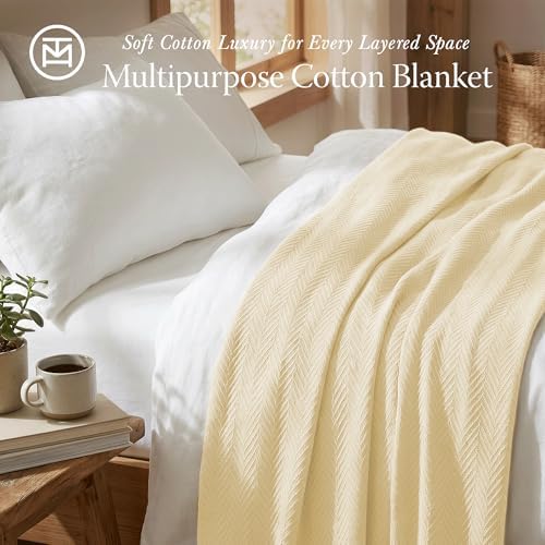 Threadmill Luxury 100% Cotton Twin Herringbone Blanket, Vanilla Cream - Image 2