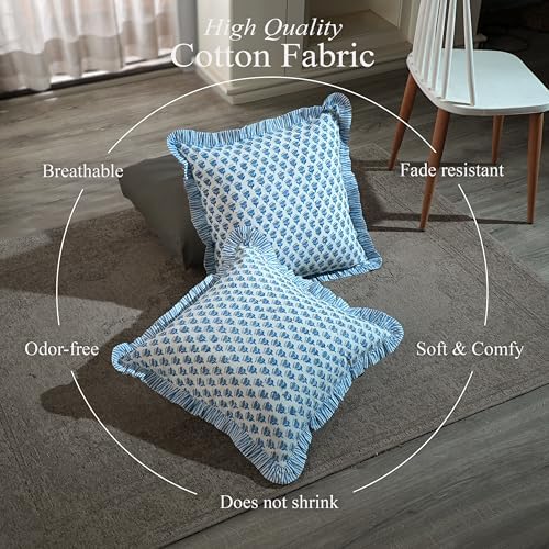 CPC Block Print Ruffle Throw Cover Apatite Blue 16"x16" Inch Pack of 2-100% Cotton Ruffle Couch Decorative Boho Pillows Case for Living Room, Bedroom, Sofa, Farmhouse Gift for Spring, Mother's Day - Image 3