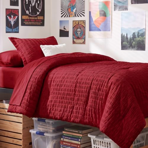 CozyLux Twin Comforter Set, 5 Pieces Dark Red Seersucker Bed in a Bag by CozyLux