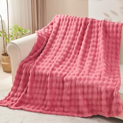 NEWCOSPLAY 3D Bubble Flannel Throw Blanket for Couch Coral Pink, 90"×90" - Image 6
