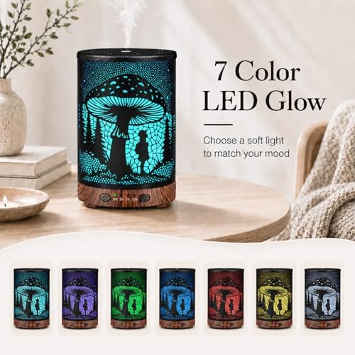 Essential Oil Diffuser 120ML Metal Aromatherapy Diffuser with Timer, Cool Mist Humidifier with Auto Shut-Off & 7 Color Lights for Home Office Spa (Mushroom Girl) - Image 3
