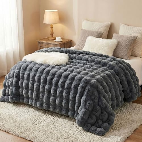 DREAMNINE Soft Faux Bubble Rabbit Fur Blanket Full Size, Thick Cozy Decorative Warm Fuzzy Fur Blanket for Bed Couch Sofa Chair Bedroom Living Room Dorm Gift, 70 * 80 Inches, Grey by DREAMNINE