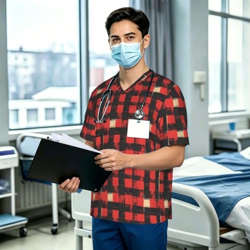 Men's Scrub Top,V-Neck Spill Wrinkle Resistant,3 Pockets-Buffalo Plaid Red and Black (2) - Image 3