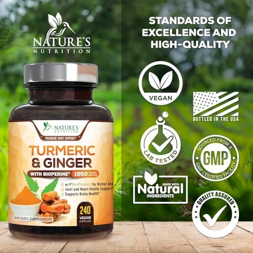 Turmeric Curcumin Supplement - 95% Curcuminoids with Organic Turmeric & Ginger, BioPerine Black Pepper Extract for Best Absorption, Natural Vegan Joint Support, Non-GMO, Bottled in USA - 240 Capsules - Image 4