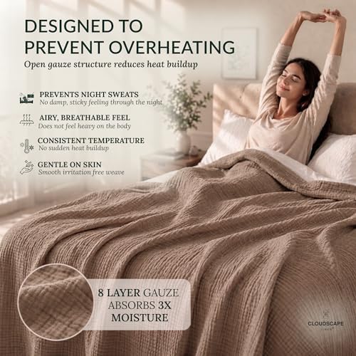 CLOUDSCAPE 8 Layer 100% Cotton Muslin Blanket Queen 92"x92"- Mocha Mousse - Image 4