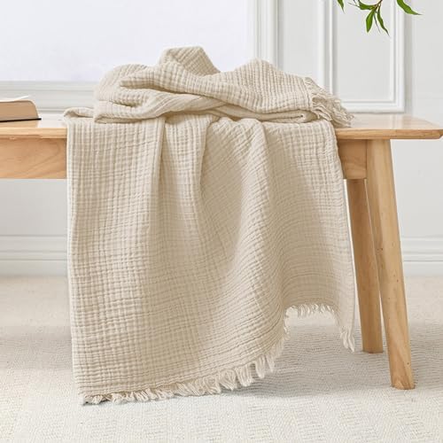 Esterra Muslin Throw Blanket 50x65 Inches Cozy Soft Lightweight Pre-Washed Cotton Blanket, All Season Breathable 4-Layer Gauze Blanket Throw for Sofa Couch Bed, Neutral by Esterra