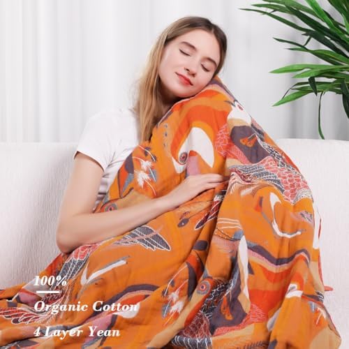 VANJOROY Boho Large Throw Blanket, 100% Organic Cotton Breathable Soft Bed Throw - Floral Bird Farmhouse Decor Blanket for Sofa Couch Chair Quilt and Gift. 60" x 80"- Colorful - Image 6