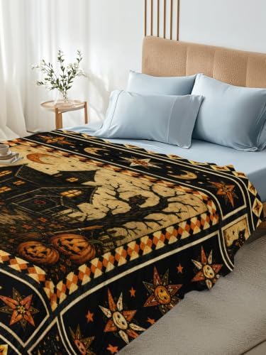 Halloween California King Flat Sheet Haunted Castle Flat Sheets Only Soft Bedding Top Sheets Hotel Quality Owl Pumpkin Cat Moon Plaid Cal King Bed Sheet for All Season Bedroom Dorm Halloween Decor - Image 5