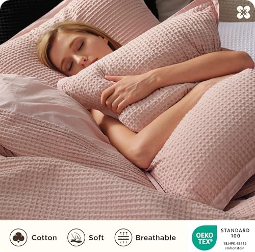 Bedsure PureWoven 3 Pieces 100% Cotton Waffle Duvet Cover Set, King, Pink - Image 3
