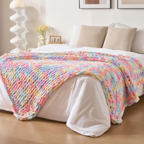 Bigacogo Chunky Knit Throw Blanket for Couch, 51x63 inches, Pink Blue Mix by Bigacogo