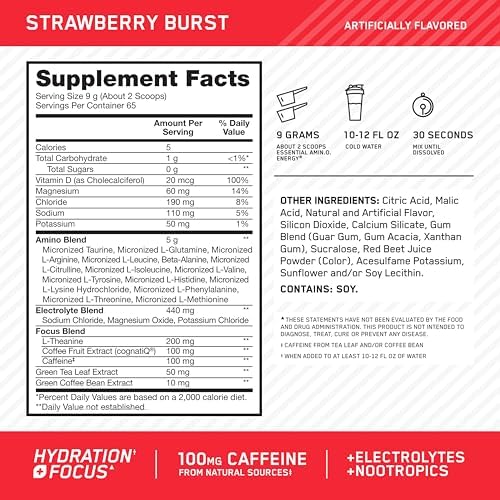 Optimum Nutrition Amino Energy Powder Plus Focus, Strawberry Burst, 21 Oz - Image 3