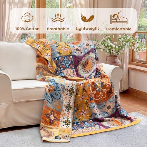 MSGKV Boho Throw Blanket 90"x90" Summer Cotton Queen Roman Blanket for Bed - Image 2