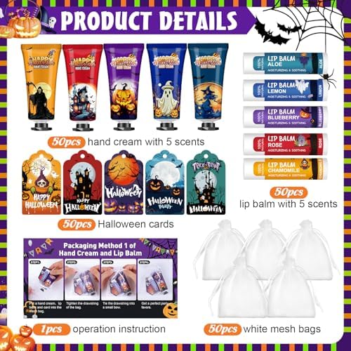 VESPRO 50 Pack Halloween Hand Cream and Lip Balm Set, Halloween Party Favor - Image 2