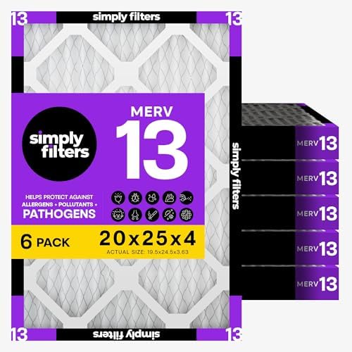 Simply 20x25x4 Air Filter, MERV 13, 6 Pack, Furnace Air Filter for HVAC (Actual Size:19.5"x24.5"x3.63") DUST, Pet, & Allergy Control by SimplyFilters