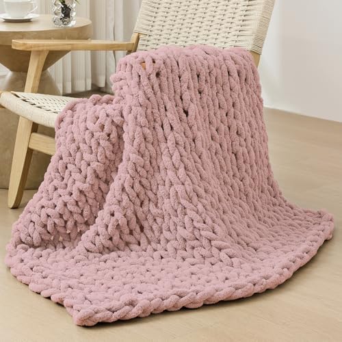 Bigacogo Chunky Knit Throw Blanket for Couch, 40x40 inches, Dusty Pink by Bigacogo