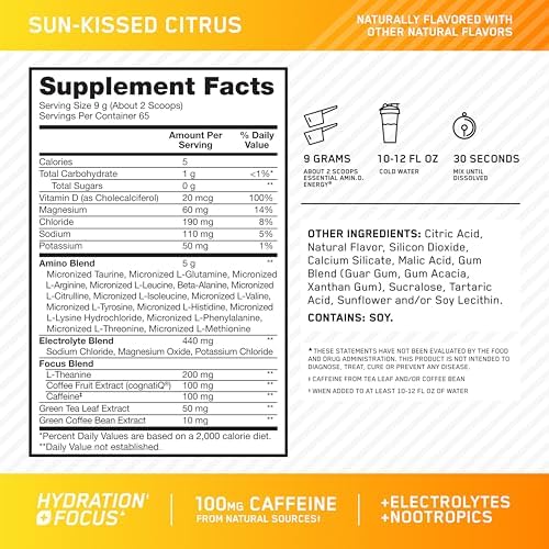 Optimum Nutrition Amino Energy Powder Plus Focus, Sunkissed Citrus, 21 Oz - Image 3
