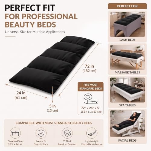 AceOrbit Lash Bed Cushion for Massage Table 72''x 24'' x 5'' Spa Bed Topper Foam Pillow for Table Soft Pad Lash Cushion Cover Foldable Soft Foam Black 5-Pillow Designs - Image 3