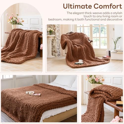Chunky Knit Throw Blanket for Couch，60X80 Inches Reddish-Brown - Image 5