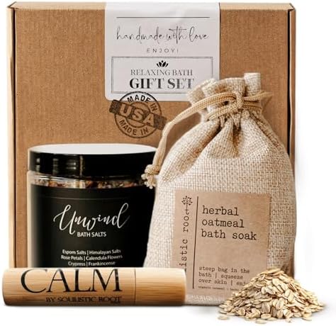 Relaxing Bath Gift Set for Women – Ready-to-Gift Spa Gift Set with Calm Essential Oil Roller, Epsom Bath Salts & Organic Lavender Oatmeal Bath Soak by Soulistic Root by SoulisticRoot