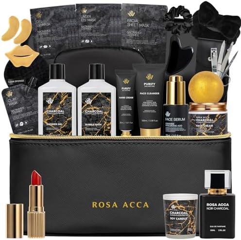 25 Pcs Bath & Body Gift Set for Women, Charcoal Skin Care Kit, Spa Gift Basket, Self Care, Cosmetic Bag, Serum, Necklace, Perfume, Eye Mask, Present, Christmas, Valentine's, Birthday, Mother's Day by RAROSAACCA