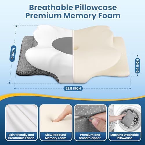 Memory Foam Bed Pillow – Contour Support Pillow for Side & Back Sleepers, Soft Ergonomic Design, Cooling Breathable Cover, Removable Washable Case, Standard Size, Grey - Image 2