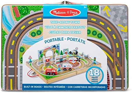 Melissa & Doug 18-Piece Wooden Take-Along Tabletop Town, 4 Rescue Vehicles, Play Pieces, Bridge - Image 3