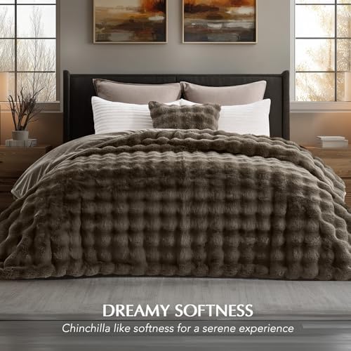 EverGrace Faux Rabbit Fur Bubble Throw Blanket, 90"x90", Dark Taupe - Image 6