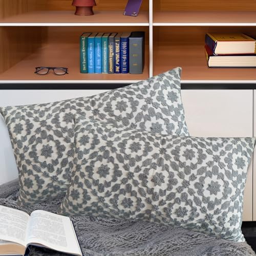 Throw Pillow Covers Decorative Lumbar Pillow Cover Silver 12 X 20 inch Mina Embroidered Trellis Cotton Canvas Bolster Pillowcase Grey 1 PC 30x50cm - Image 5