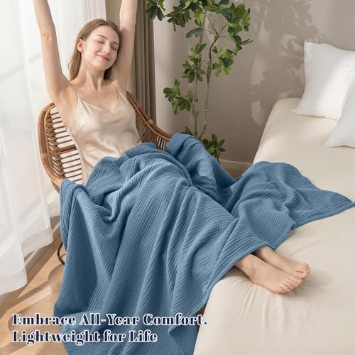 PHF 100% Cotton Muslin Blanket Twin XL Size 66"x90", 4-Layer Lightweight Gauze Throw, Breathable Cloud-Soft Minimalist Blanket for Bed, Couch, Camping & Baby, Denim Blue, Ideal Gift - Image 2