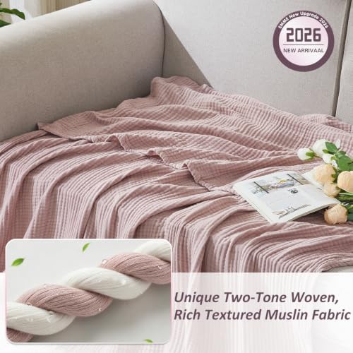 EMME Cotton Muslin Twin XL Blanket Breathable Gauze Soft Lightweight Blankets Adults Gifts for Women (Heather Dusty Pink, 66"x90") - Image 2