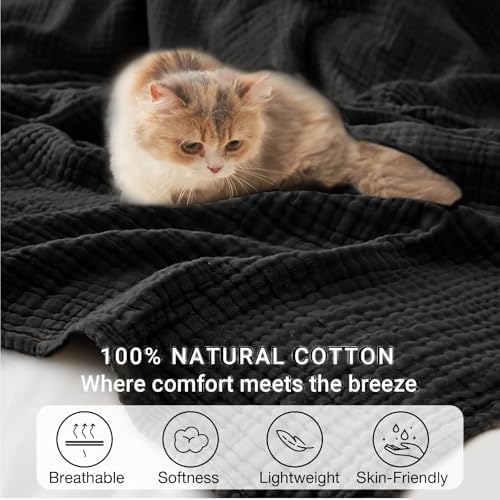 100% Cotton Muslin Blanket Twin 66" x 90", 6 Layers Breathable and Lightweight Cotton Blankets for Couch, Soft Cooling Summer Gauze Blanket for Adults All Season, Black - Image 5
