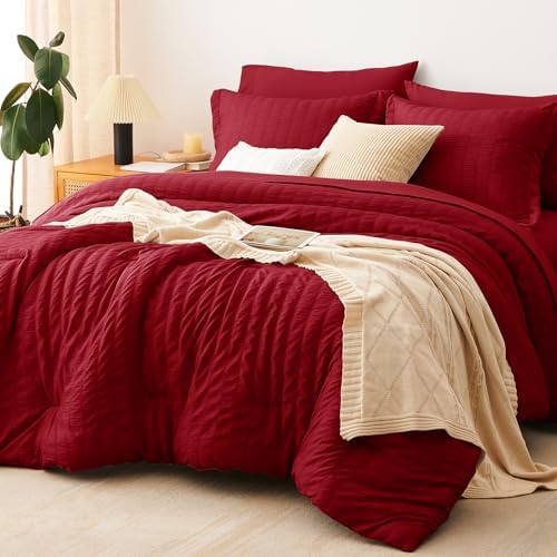 CozyLux Full Size Comforter Sets, 7 Pieces Dark Red Seersucker Bed in a Bag by CozyLux