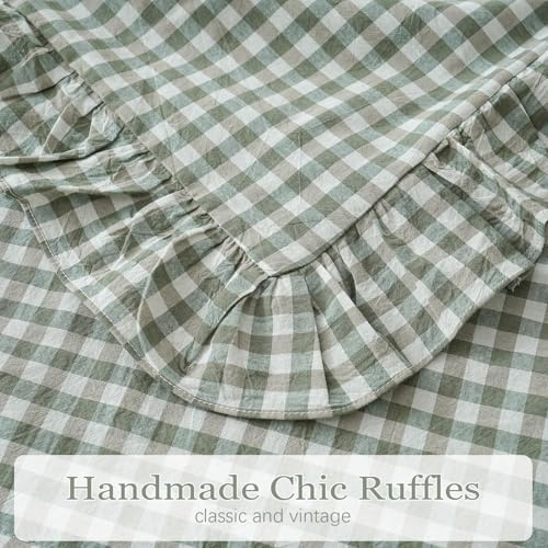 2 Pack Sage Green White Plaid Ruffle Euro Shams Pillow Covers 26x26 inches - Image 6