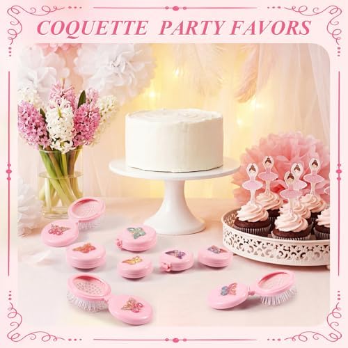 12 Pcs Pink Coquette Butterfly Mini Hair Brushes Folding Mirror Coquette Detangler Brush Bulk Round Compact Massage Scalp Comb for Purse Women Travel Team Gifts Trendy Stuff Party Favors - Image 6
