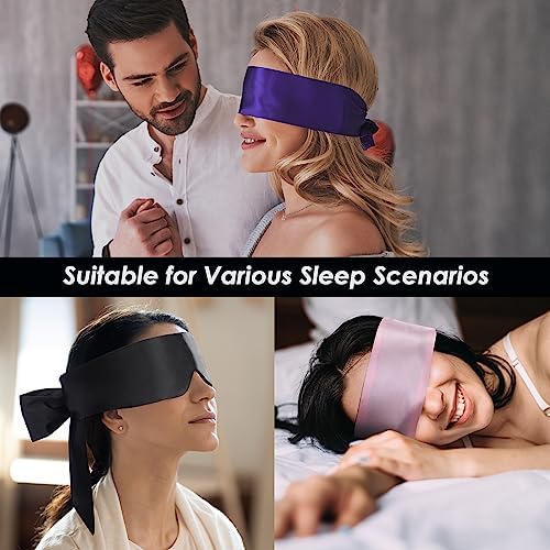 FRESHME Satin Eye Mask - Soft Sleep Mask Adjustable Eye Cover Blindfold for Night Meditation Travel Nap Sleep Eye Mask for Women Men Side Sleeper Valentine's Day Gift Black and Deep Purple 160cm/63in - Image 4