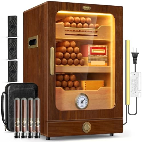 Tesonway Cigar Humidor, Desktop Cigar Humidor Cabinet Light Control System with Spanish Cedar Wood Shelves, Hygrometer, 3 Humidifiers and Cigar Accessories Drawer, Father's Day Gift for Men (Brown) by Tesonway