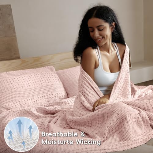 PHF Lightweight 100% Cotton Waffle Blanket for Bed, Queen, Pink - Image 3