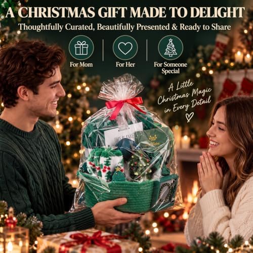 Willinglong 11 Pcs Christmas Basket Gifts for Women- Green Xmas Gift Set with Candle Basket Blanket Mug Scrunchie Headband Socks Bracelet Hair Claw Eye Mask Greeting Card for Mom Wife Teacher - Image 6