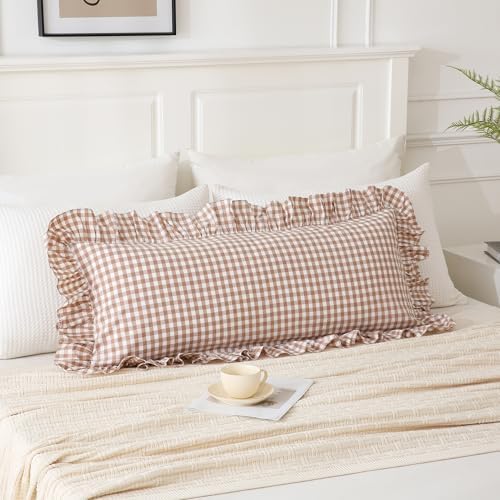 14x36 inches Taupe Plaid Ruffle Gingham Lumbar Throw Pillow Cover by Qilunn