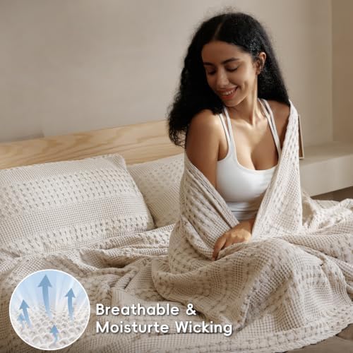 PHF Lightweight 100% Cotton Waffle Blanket for Bed, Queen, Light Taupe - Image 3