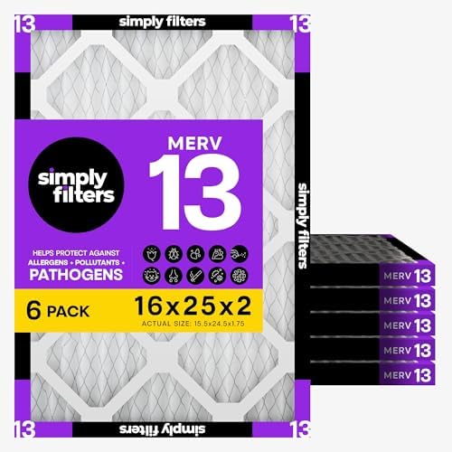 Simply 16x25x2 Air Filter, MERV 13, 6 Pack, Furnace Air Filter for HVAC (Actual Size: 15.5"x24.5"x1.75") DUST, Pet & Allergy Control by SimplyFilters