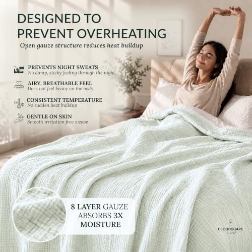 CLOUDSCAPE 8 Layer 100% Cotton Muslin Blanket Queen Size, 92"x92", Sea Foam - Image 4