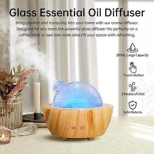Glass Essential Oil Diffuser Wood Grain Base, 280ml Aromatherapy Diffusers Cool Mist Humidifier, LED Light in 7 Colors with Waterless Auto-Off Protection, for Office, Home, Yoga, Spa - Image 3