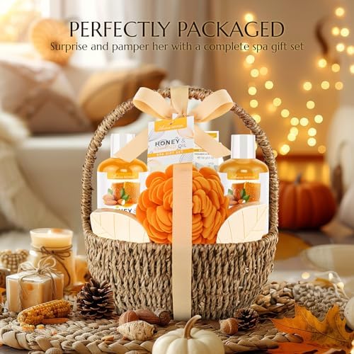 Bath Spa Gift Basket, Honey Almond 8pcs Bath & Body Gift Set for Women - Image 5